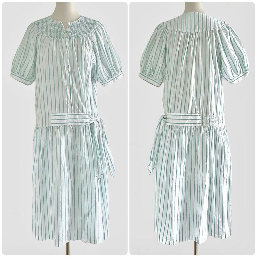 VTG Phool White Green Striped Cotton Tie Waist Puff Sleeve Cottage Maxi Dress S